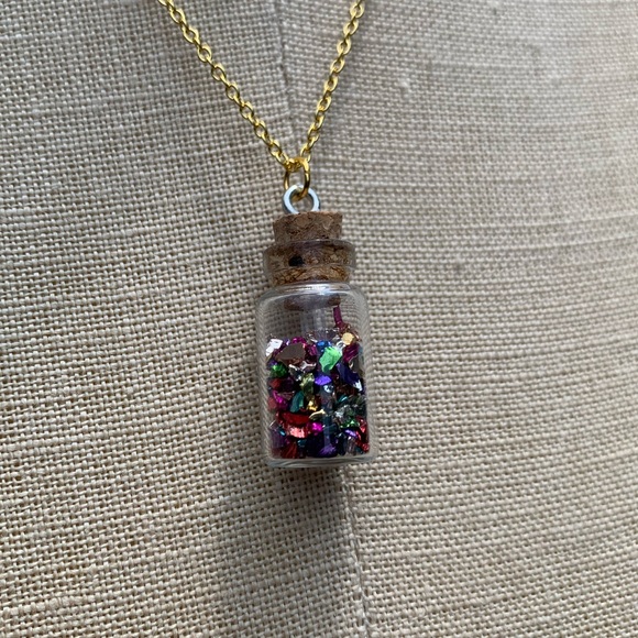 NWT Glass Bottle with Shard Confetti Necklace with Sterling Silver Plated Chain - Picture 6 of 16